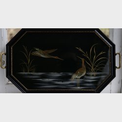 Vintage Chinese Lacquered Wood Tray with Brass Handles � Mother of Pearl Inlay Crane Motif, Beautiful Dark Green, 36.5 cm