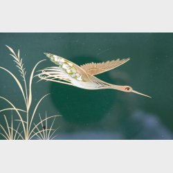 Vintage Chinese Lacquered Wood Tray with Brass Handles � Mother of Pearl Inlay Crane Motif, Beautiful Dark Green, 36.5 cm
