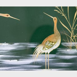 Vintage Chinese Lacquered Wood Tray with Brass Handles � Mother of Pearl Inlay Crane Motif, Beautiful Dark Green, 36.5 cm
