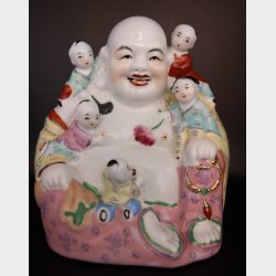 Vintage Chinese Porcelain Happy Buddha with Children Figurine � Hand Painted Buddha Statue, 22 cm