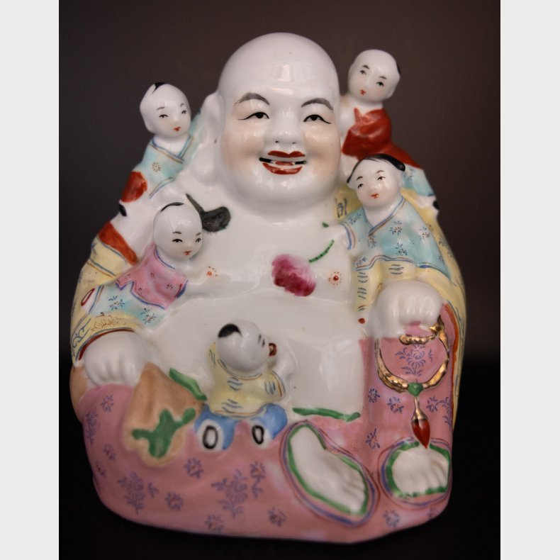 Vintage Chinese Porcelain Happy Buddha with Children Figurine � Hand Painted Buddha Statue, 22 cm
