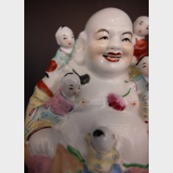 Vintage Chinese Porcelain Happy Buddha with Children Figurine � Hand Painted Buddha Statue, 22 cm