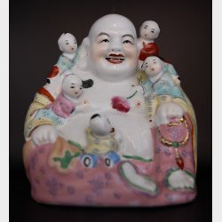 Vintage Chinese Porcelain Happy Buddha with Children Figurine � Hand Painted Buddha Statue, 22 cm
