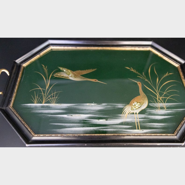 Vintage Chinese Lacquered Wood Tray with Brass Handles � Mother of Pearl Inlay Crane Motif, Beautiful Dark Green, 36.5 cm
