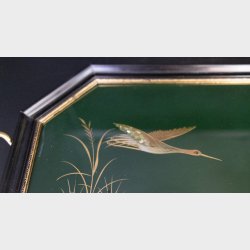 Vintage Chinese Lacquered Wood Tray with Brass Handles � Mother of Pearl Inlay Crane Motif, Beautiful Dark Green, 36.5 cm