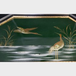 Vintage Chinese Lacquered Wood Tray with Brass Handles � Mother of Pearl Inlay Crane Motif, Beautiful Dark Green, 36.5 cm