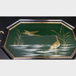 Vintage Chinese Lacquered Wood Tray with Brass Handles � Mother of Pearl Inlay Crane Motif, Beautiful Dark Green, 36.5 cm