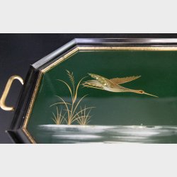 Vintage Chinese Lacquered Wood Tray with Brass Handles � Mother of Pearl Inlay Crane Motif, Beautiful Dark Green, 36.5 cm