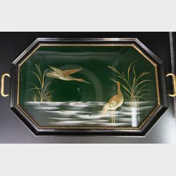 Vintage Chinese Lacquered Wood Tray with Brass Handles � Mother of Pearl Inlay Crane Motif, Beautiful Dark Green, 36.5 cm