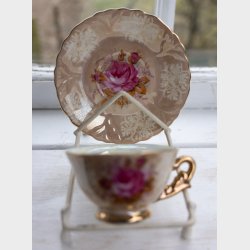 Vintage Porcelain Tea Cup &amp; Saucer Set with Gold Trim � Floral Pink Rose Design
