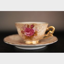 Vintage Porcelain Tea Cup &amp; Saucer Set with Gold Trim � Floral Pink Rose Design