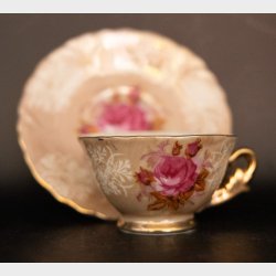 Vintage Porcelain Tea Cup &amp; Saucer Set with Gold Trim � Floral Pink Rose Design