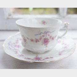 Antique Carl Tielsch (C.T.) Altwasser Porcelain Tea &amp; Coffee Service, circa 1890�1910, 39 Pieces, Pink Floral Ribbon Garland with Gilt Trim