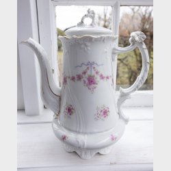 Antique Carl Tielsch (C.T.) Altwasser Porcelain Tea &amp; Coffee Service, circa 1890�1910, 39 Pieces, Pink Floral Ribbon Garland with Gilt Trim