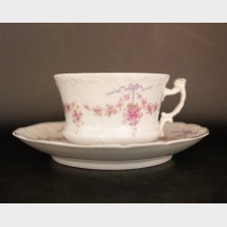 Antique Carl Tielsch (C.T.) Altwasser Porcelain Tea &amp; Coffee Service, circa 1890�1910, 39 Pieces, Pink Floral Ribbon Garland with Gilt Trim