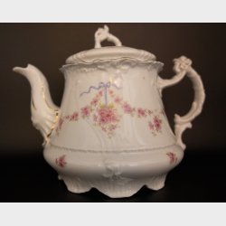 Antique Carl Tielsch (C.T.) Altwasser Porcelain Tea &amp; Coffee Service, circa 1890�1910, 39 Pieces, Pink Floral Ribbon Garland with Gilt Trim