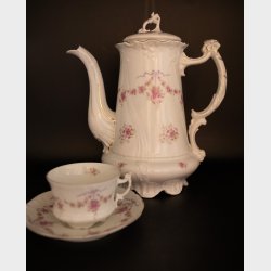 Antique Carl Tielsch (C.T.) Altwasser Porcelain Tea &amp; Coffee Service, circa 1890�1910, 39 Pieces, Pink Floral Ribbon Garland with Gilt Trim