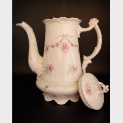 Antique Carl Tielsch (C.T.) Altwasser Porcelain Tea &amp; Coffee Service, circa 1890�1910, 39 Pieces, Pink Floral Ribbon Garland with Gilt Trim