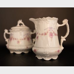 Antique Carl Tielsch (C.T.) Altwasser Porcelain Tea &amp; Coffee Service, circa 1890�1910, 39 Pieces, Pink Floral Ribbon Garland with Gilt Trim