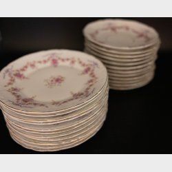 Antique Carl Tielsch (C.T.) Altwasser Porcelain Tea &amp; Coffee Service, circa 1890�1910, 39 Pieces, Pink Floral Ribbon Garland with Gilt Trim