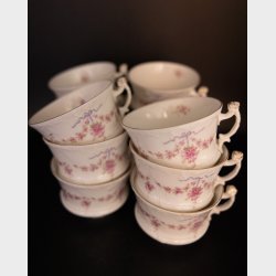Antique Carl Tielsch (C.T.) Altwasser Porcelain Tea &amp; Coffee Service, circa 1890�1910, 39 Pieces, Pink Floral Ribbon Garland with Gilt Trim