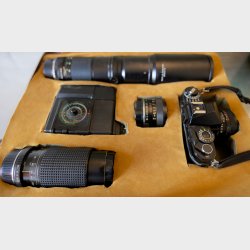 Vintage Yashica FX-D Quartz 35mm SLR Camera Kit � 50mm f/2 Lens + Telephoto Zoom Lenses, Sunpak Auto Zoom 3000 Flash &amp; Leather Hard Case (Japan, 1980s)