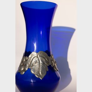 Elegant Cobalt Blue Glass Vase with Pewter Leaf Decoration