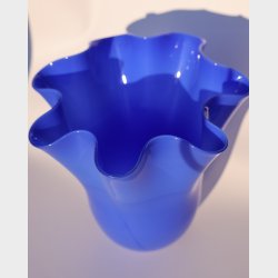 Elegant Milky Blue Art Glass Vase with Ruffled Rim