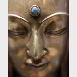 Antique Rare Handcrafted Brass Buddha Head with Turquoise Inlay