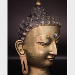 Antique Rare Handcrafted Brass Buddha Head with Turquoise Inlay