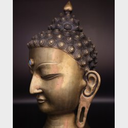 Antique Rare Handcrafted Brass Buddha Head with Turquoise Inlay
