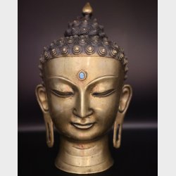 Antique Rare Handcrafted Brass Buddha Head with Turquoise Inlay