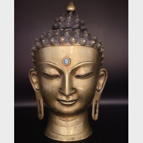 Antique Rare Handcrafted Brass Buddha Head with Turquoise Inlay