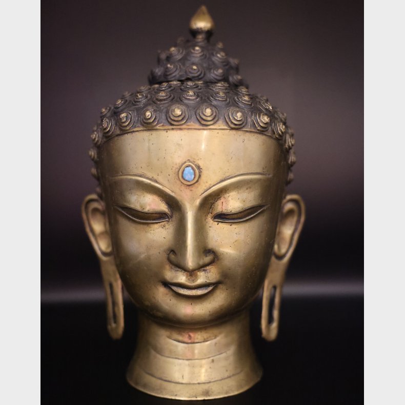 Antique Rare Handcrafted Brass Buddha Head with Turquoise Inlay