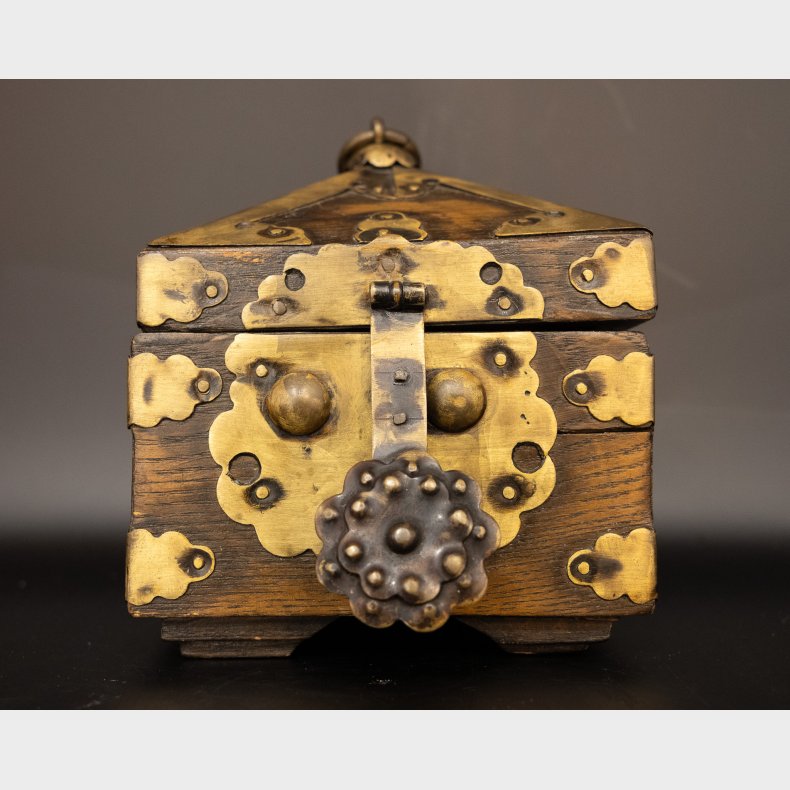 Antique Chinese Square Shrine Box with Brass Fittings and Calligraphy Interior