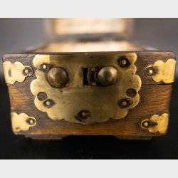 Antique Chinese Square Shrine Box with Brass Fittings and Calligraphy Interior