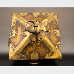 Antique Chinese Square Shrine Box with Brass Fittings and Calligraphy Interior
