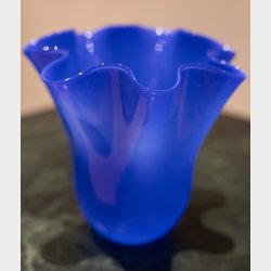 Large Cobalt Blue Art Glass Vase � Ruffled Rim, Sculptural Statement Piece