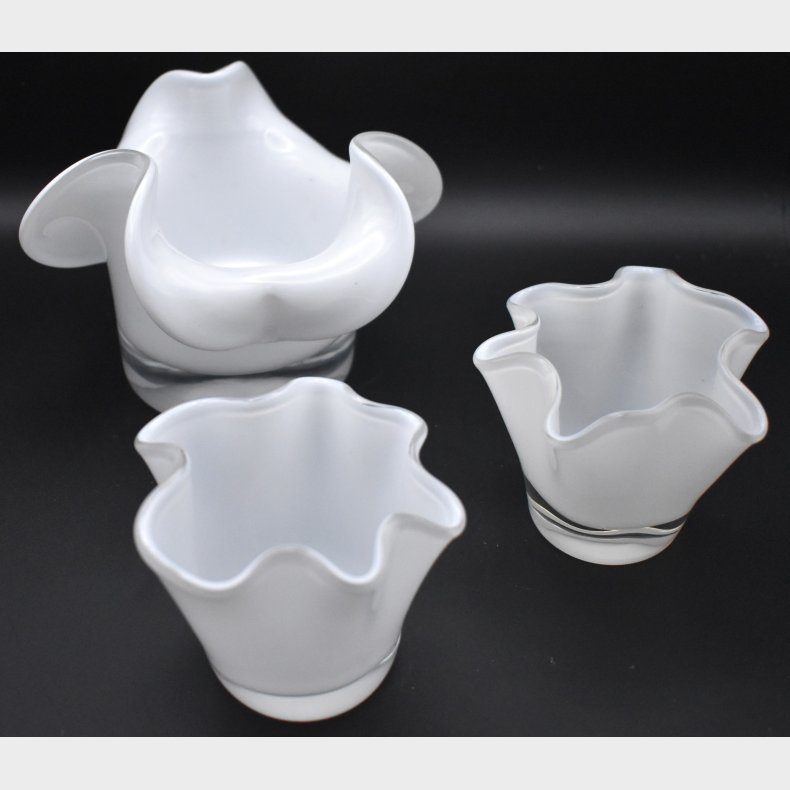 Set of 3 Vintage Scandinavian Frosted Glass Candle Holders � Organic Danish Design, Wavy Edge Tealight Cups