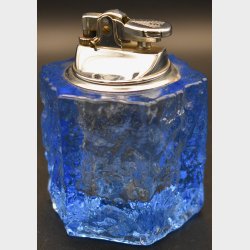 Vintage mid-century modern table lighter in blue art glass