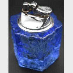 Vintage mid-century modern table lighter in blue art glass