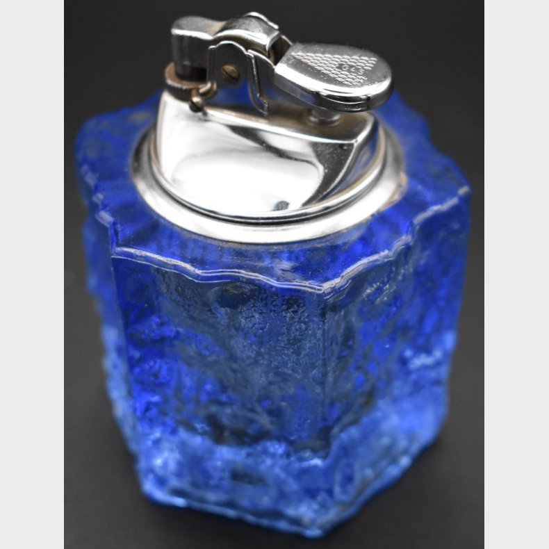 Vintage mid-century modern table lighter in blue art glass