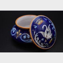 Antique Hand-Painted Cobalt Blue Lidded Jar with Swan Motif � Signed Ulysse Blois / E. Balon (c.1922)
