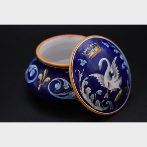 Antique Hand-Painted Cobalt Blue Lidded Jar with Swan Motif � Signed Ulysse Blois / E. Balon (c.1922)