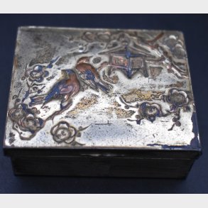 Vintage Enamelled Metal Box with Floral and Bird Motif