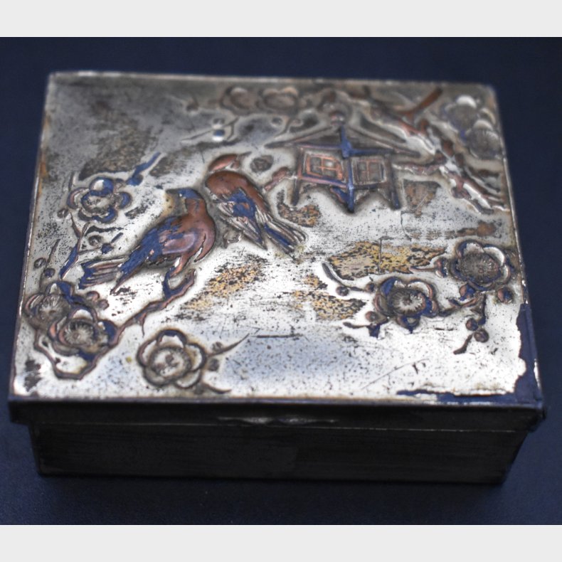 Vintage Enamelled Metal Box with Floral and Bird Motif