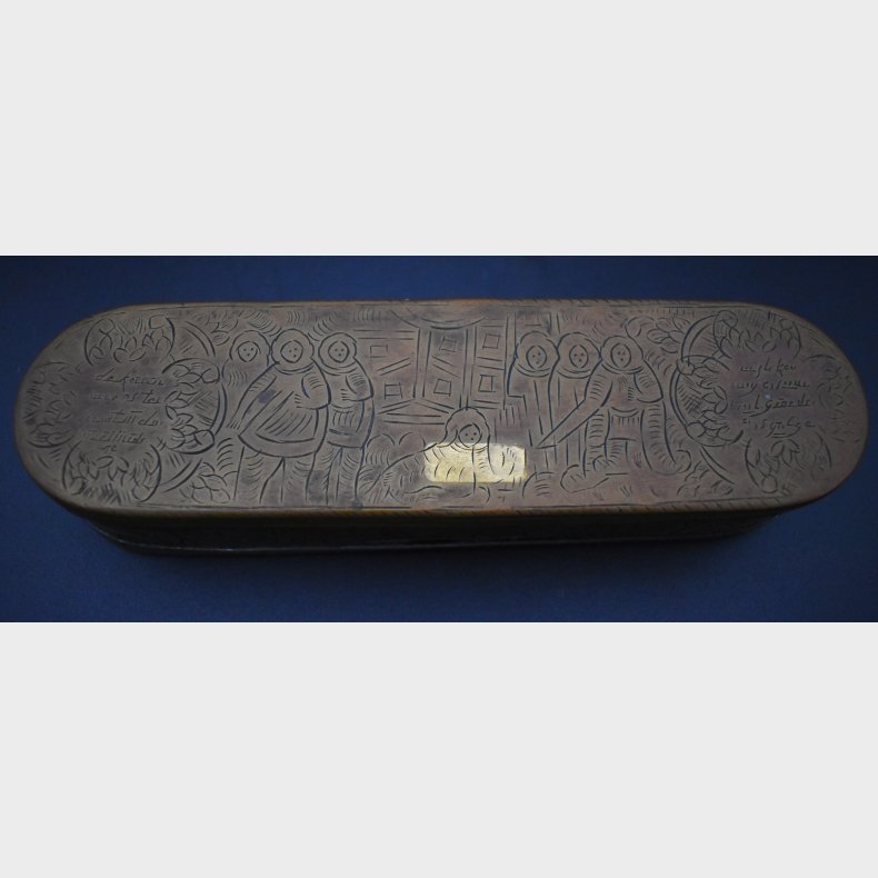 Antique engraved metal case with figural decoration