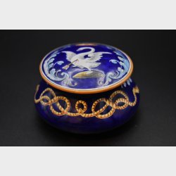 Antique Hand-Painted Cobalt Blue Lidded Jar with Swan Motif � Signed Ulysse Blois / E. Balon (c.1922)
