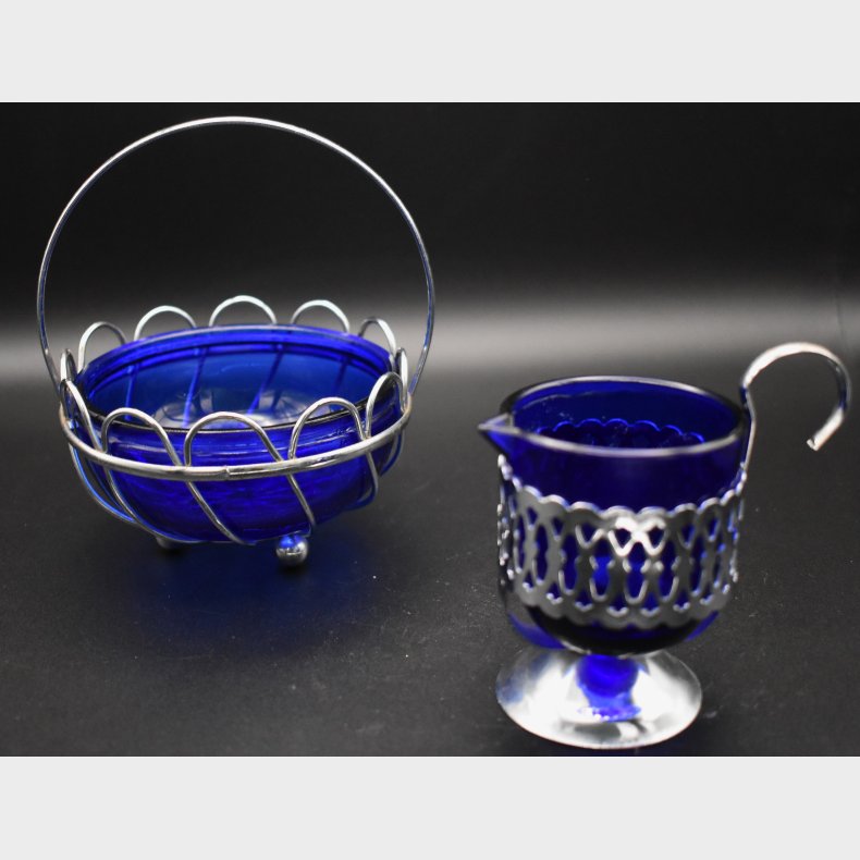 Vintage Cobalt Blue Glass Serving Set with Silver-Tone Holders � Bowl Basket &amp; Creamer