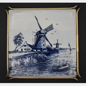 Vintage Dutch Delft Style Tile Tray with Windmill Motif